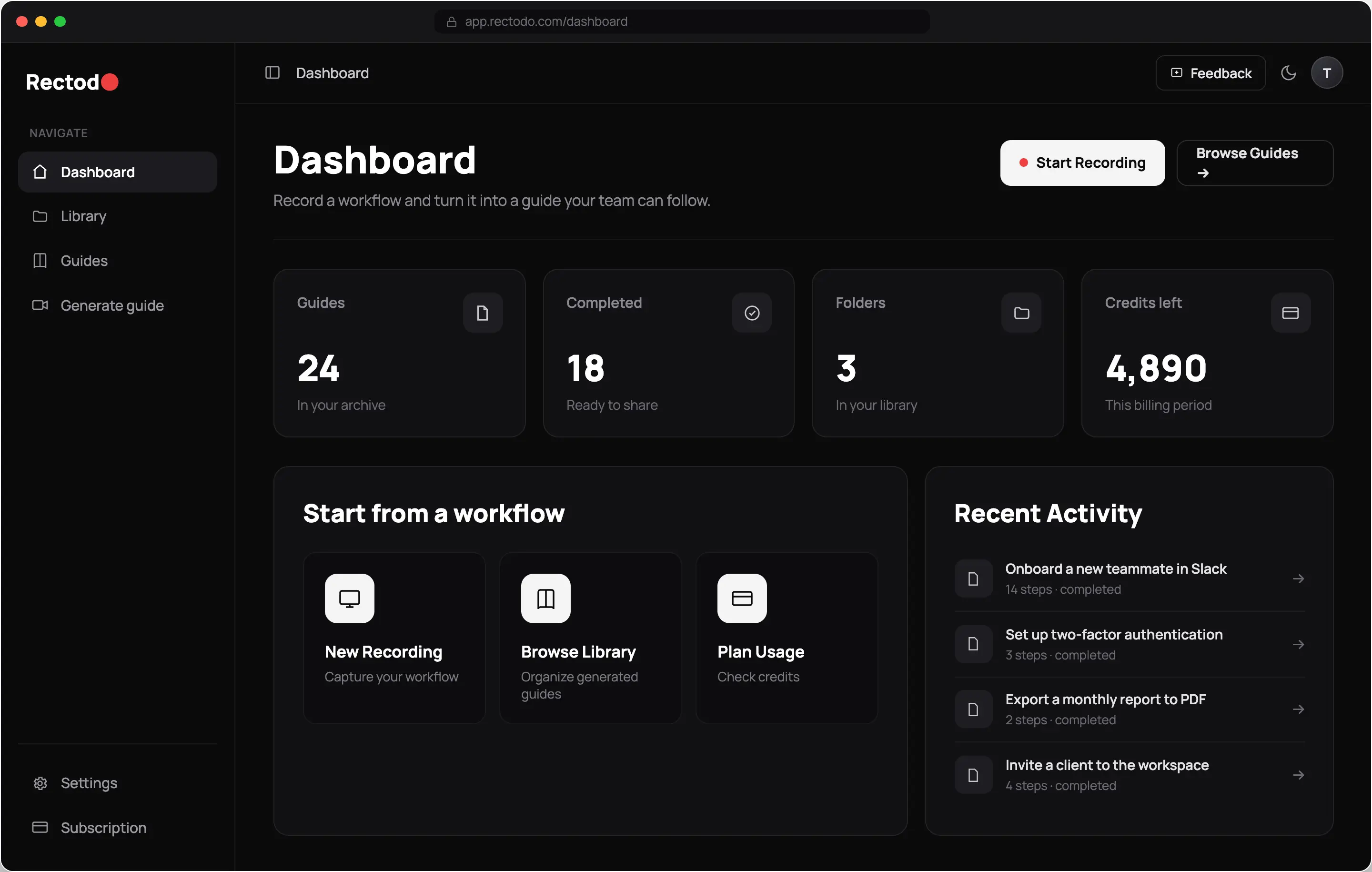 Rectodo dashboard with recent video guides, folders, and a Start Recording button