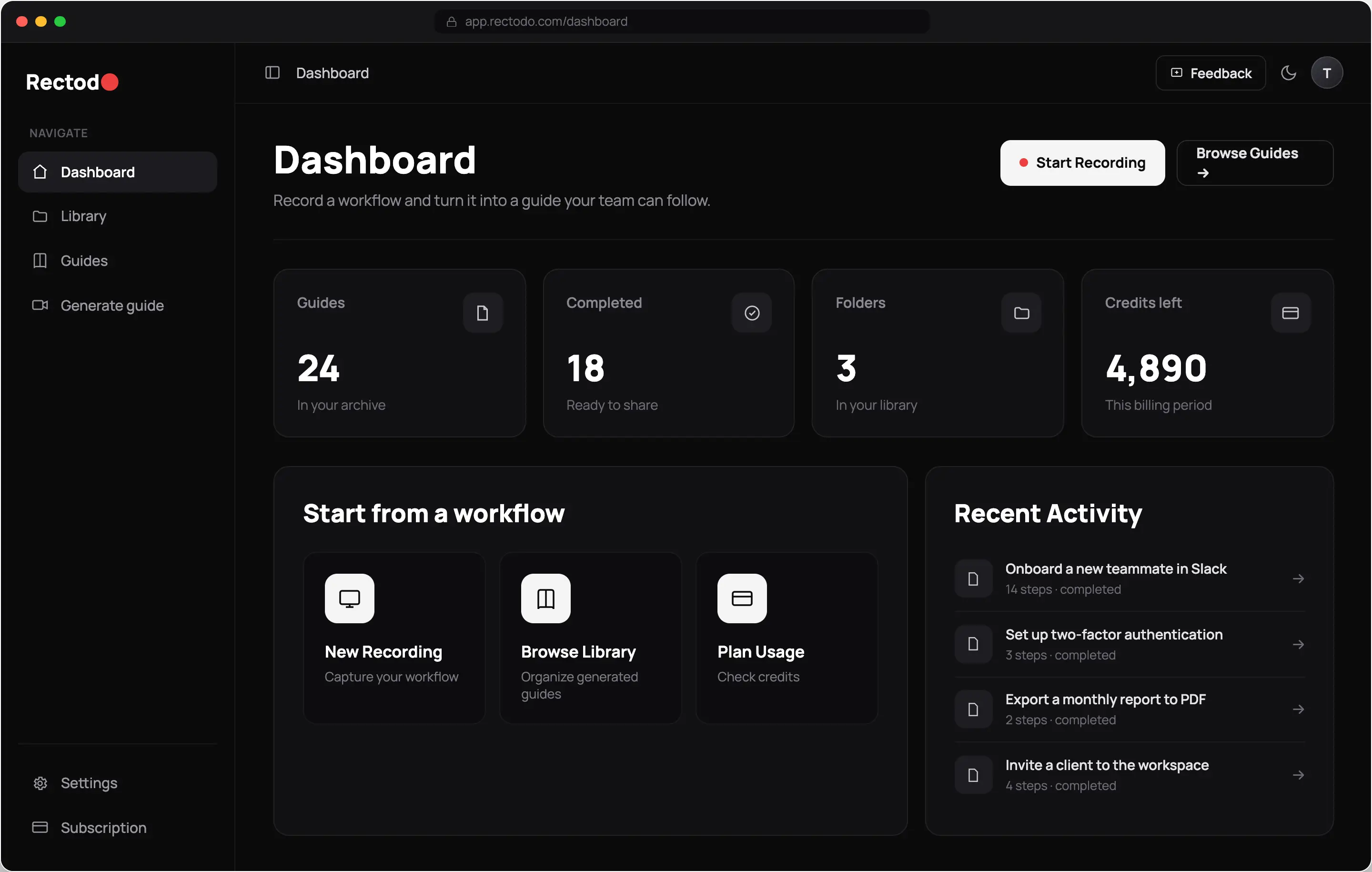 Starting a browser screen recording in Rectodo