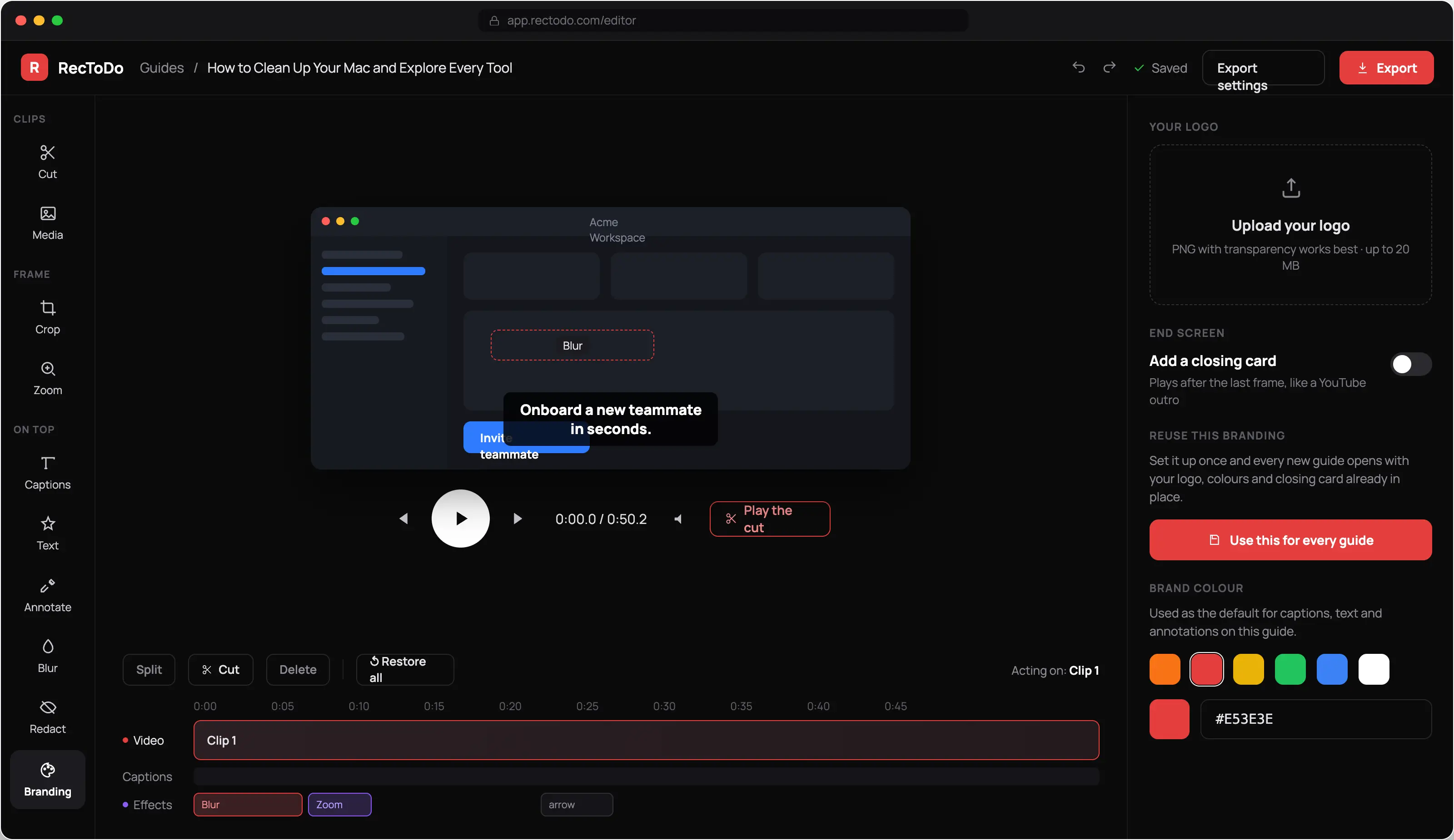 Logo, brand colour, and closing card settings in Rectodo