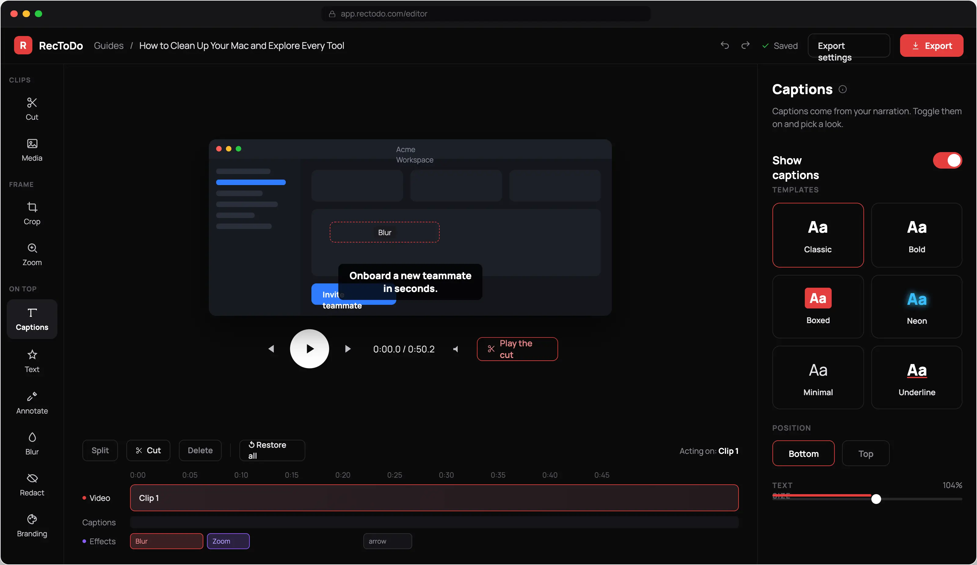 The Rectodo editor timeline with clip, caption, and effect tracks