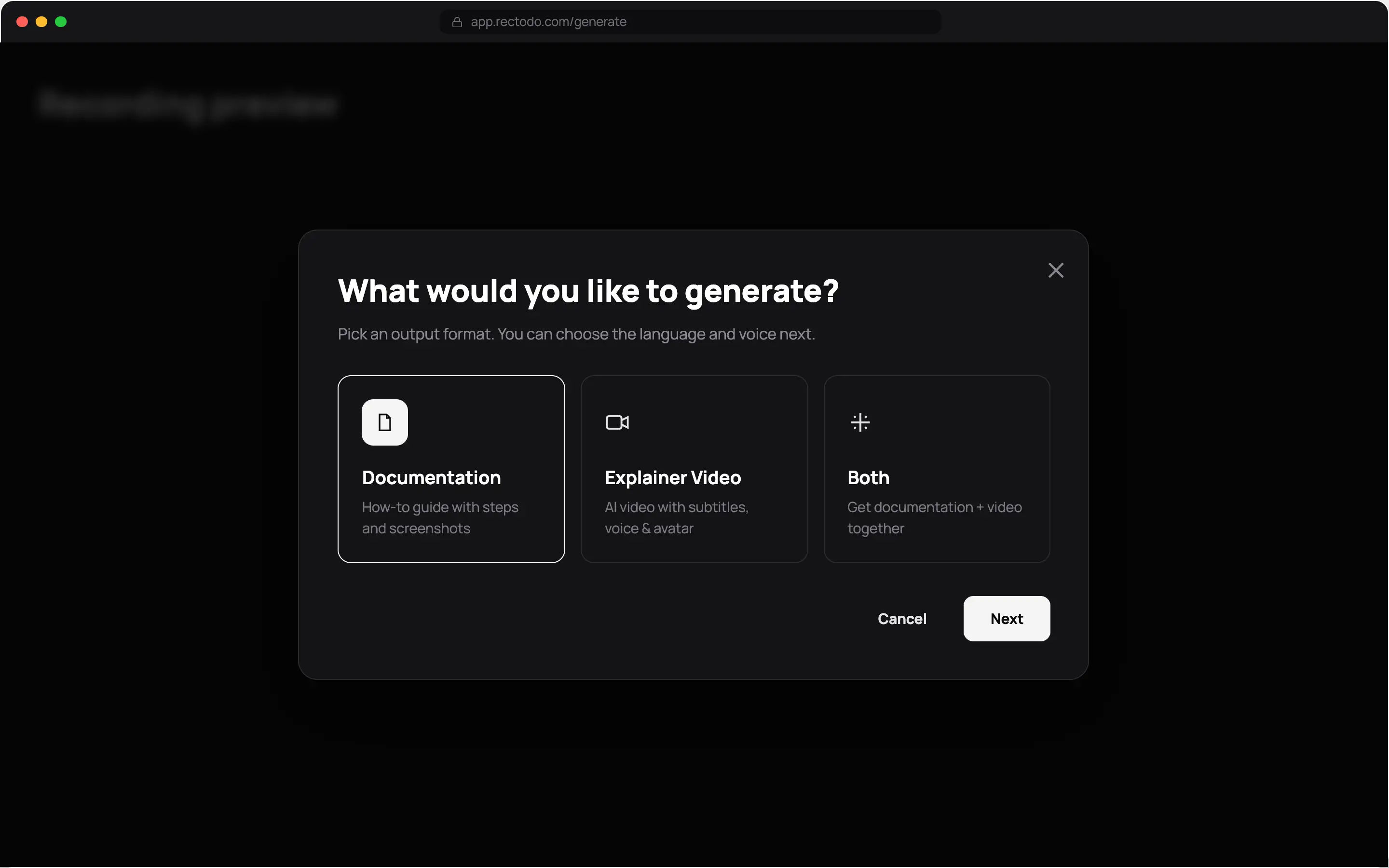 Choosing documentation, explainer video, or both in Rectodo
