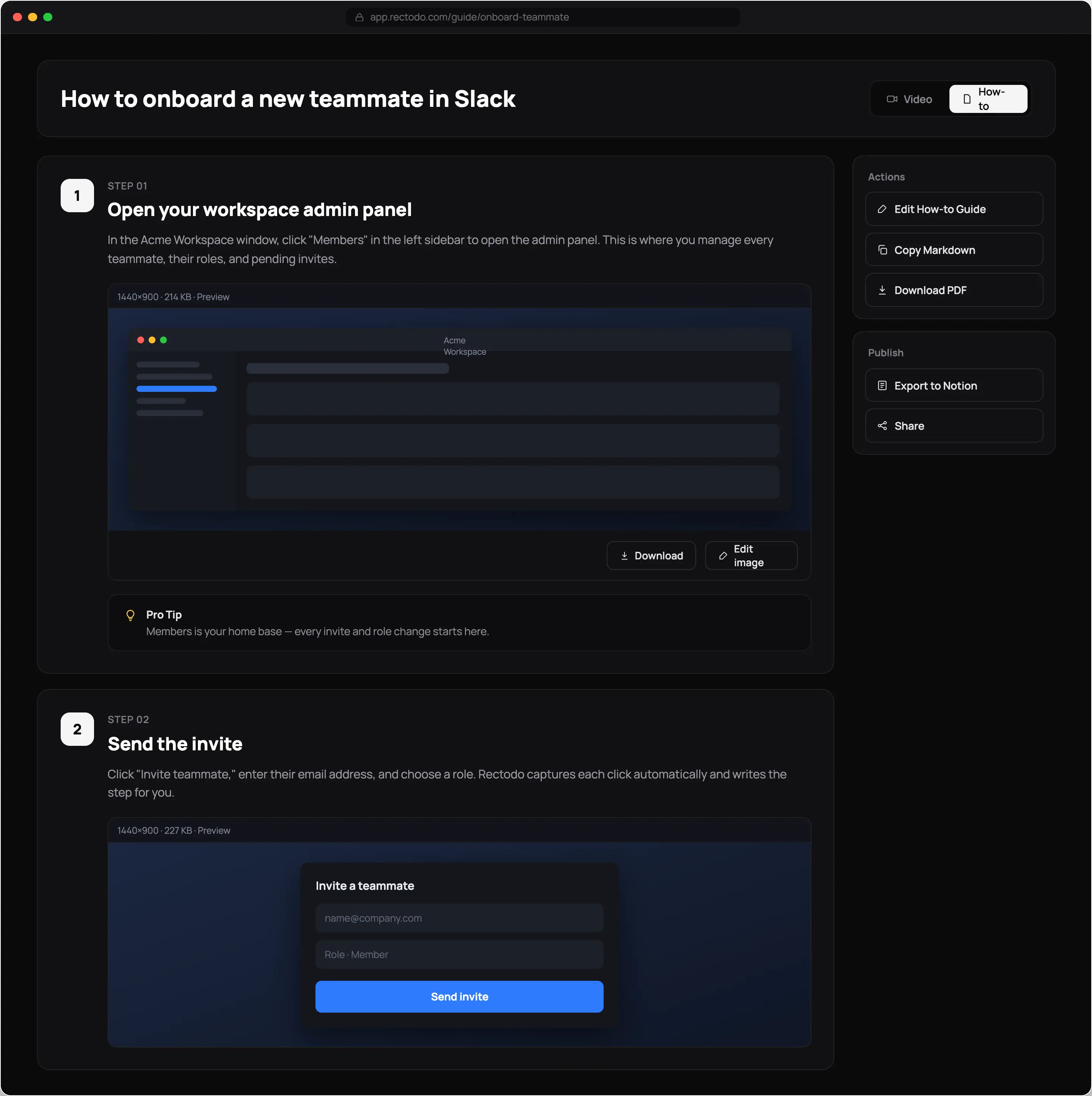 A Rectodo how-to with numbered steps, screenshots, and export options